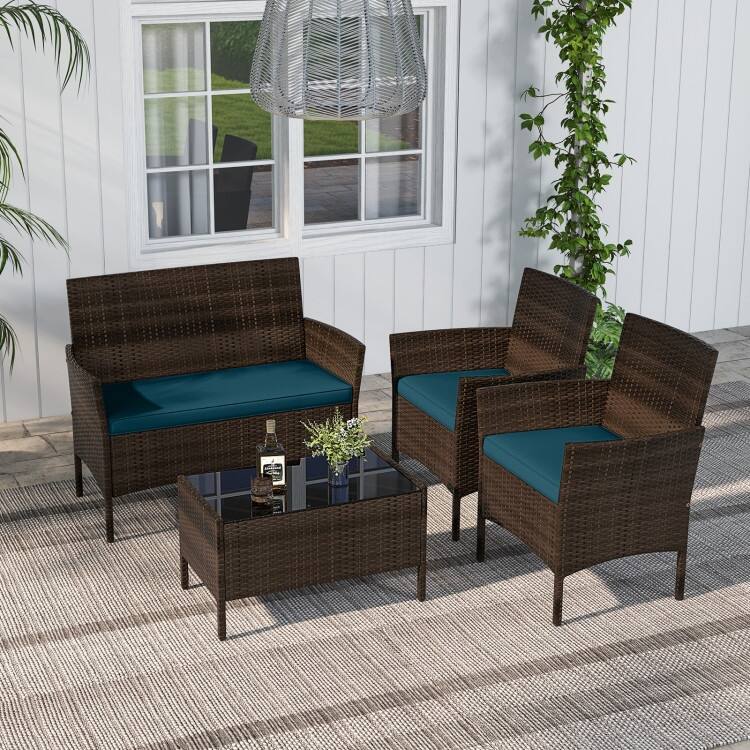 4 Piece Outdoor Rattan Patio Set with Cushions and Glass Table - 39.5" x 22.5" x 32"