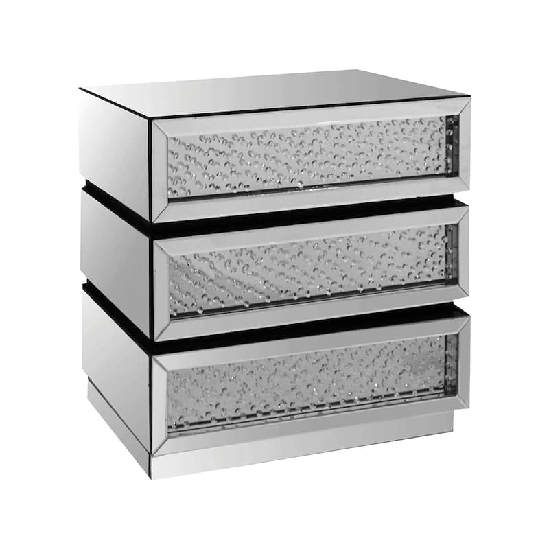 Pali 32 Inch Modern Nightstand Dresser Table, Faux Crystals, Mirror, Silver - Silver