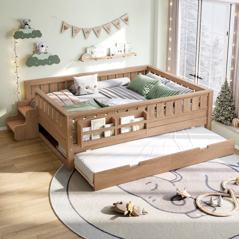 Full/Twin Loft Bed with Bookshelves, Safety Stairs & Trundle - Natural - Full