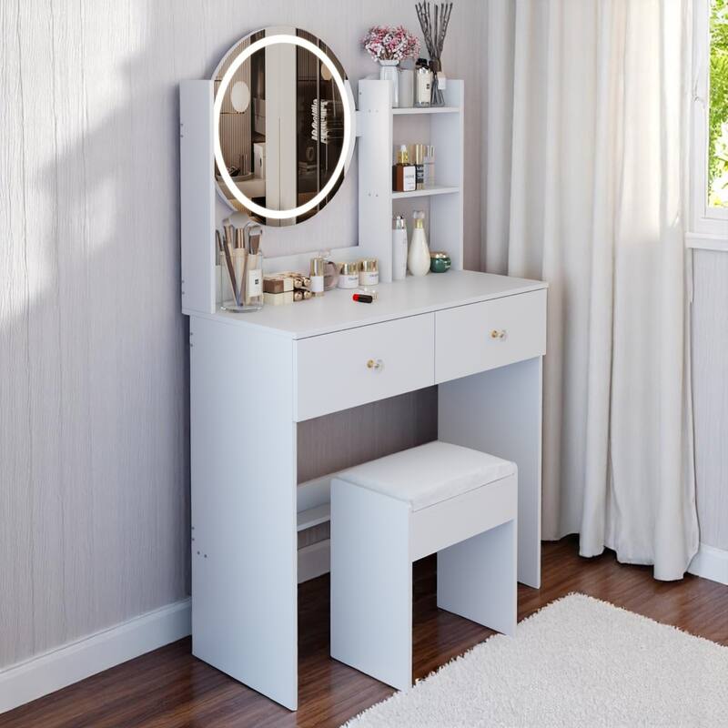 KISRAIS 31.5" Fashion Vanity Desk with Mirror and Lights, 3 Color Lighting Brightness Adjustable - White