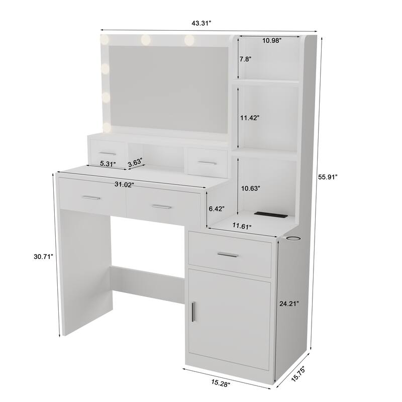 43" Dressing Table With Drawers and Storage Cabinet and Smart Mirror
