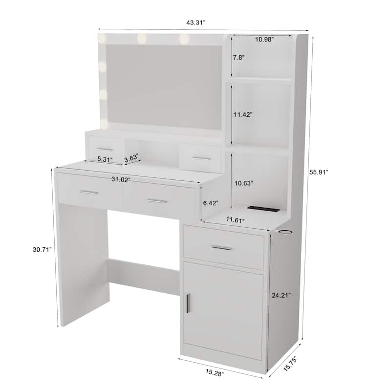 43" Makeup Vanity Desk with Smart LED Mirror, 5 Drawers, Storage Cabinet & Shelves, Dressing Table for Bedroom
