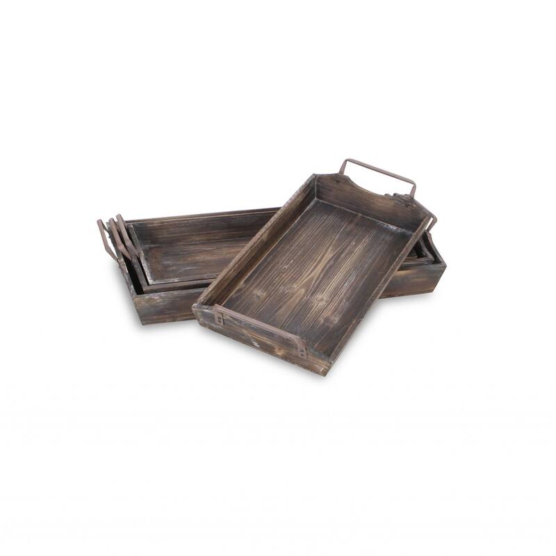 HomeRoots Set of Four Brown Wood Handmade Serving Tray With Handles