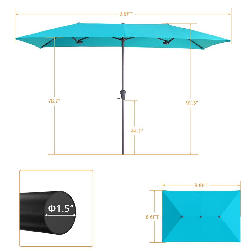 LIVOOSUN 10 x 6.5Ft Large Double-Sided Rectangular Outdoor Patio Market Umbrella with Crank, Gray