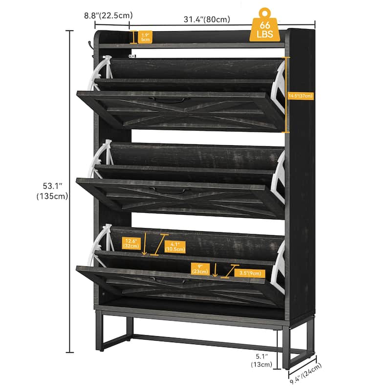Moasis Farmhouse Flip Shoe Cabinet Shoe Storage Cabinet with 3 Flip Doors Adjustable Shelf - 31.4"L x 8.8"W x 53.1"H