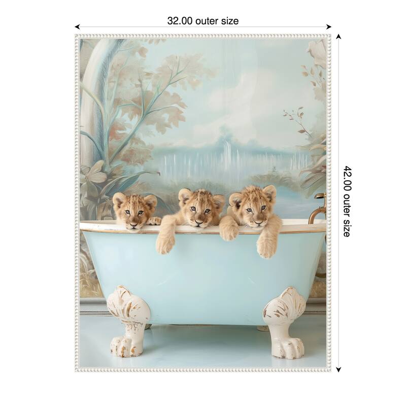 Blue Lagoon Lion Cubs by Niky Rahner Framed Canvas Wall Art - 32 x 42 in