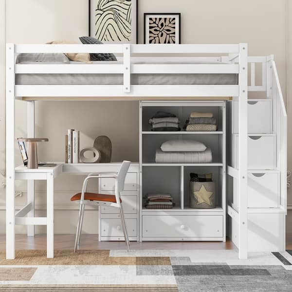 slide 2 of 24, Wood Storage Loft Bed with L-Shaped Desk and 4 Drawers, Full Size Kids Bed Frame with Cabinet & Storage Staircase for Bedroom White - Full