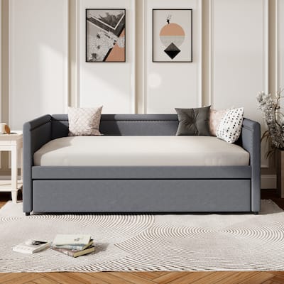 Twin Size Upholstered Daybed with Trundle, Linen Fabric Sofa Bed Frame, Living Room Platform Sofa Bed Frame with Nailhead Trim