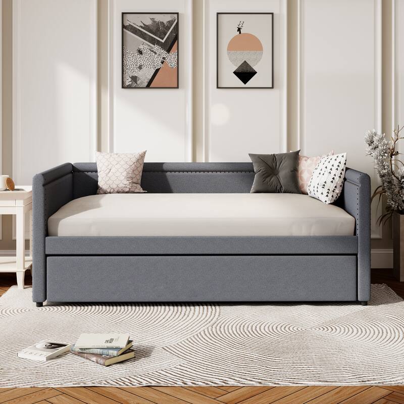 Upholstered Daybed, Twin Size Sofa Bed, Nailhead Trim Curved Arms Guest Bed with Trundle Bed, Platform Bed, Low Profile Bed