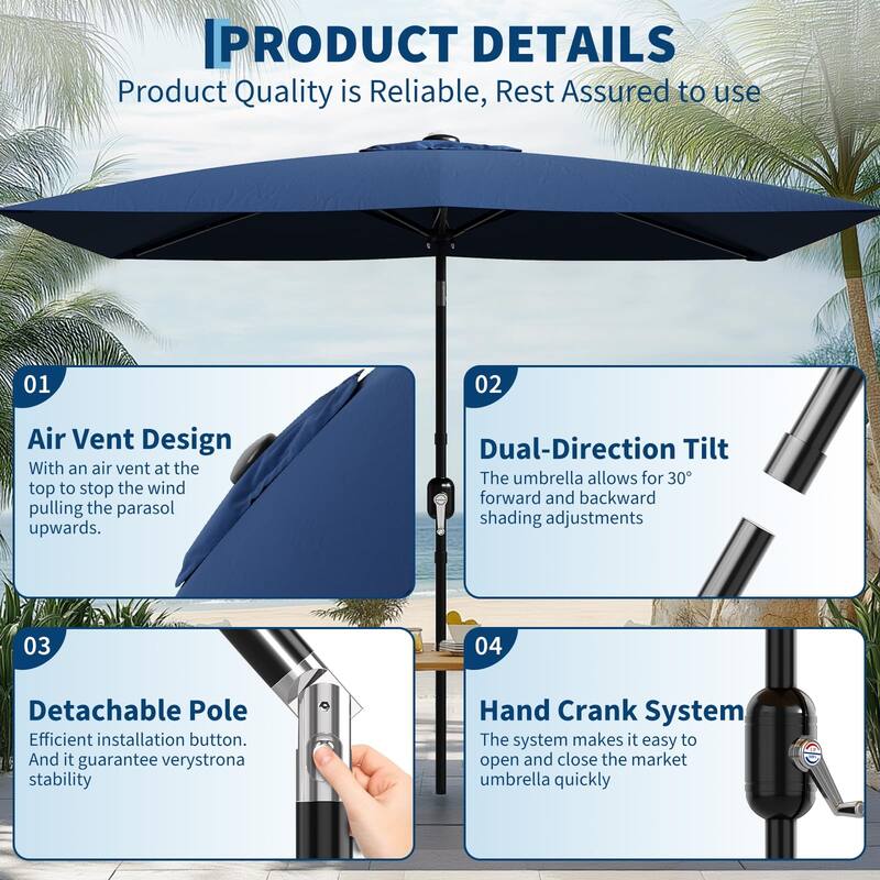 10'X6.5' Rectangular Outdoor Umbrella, with Crank & Push Button Tilt
