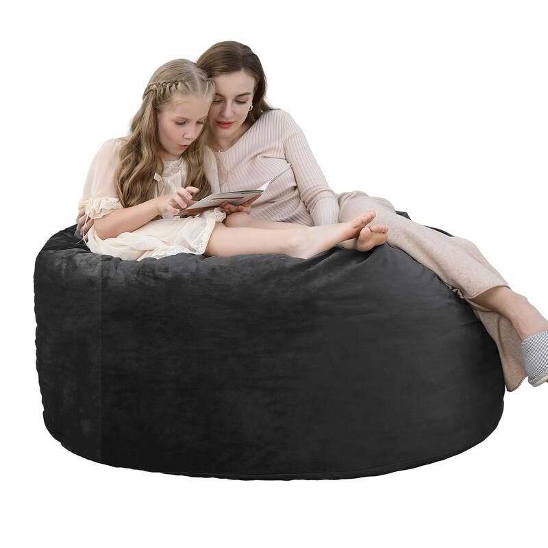 Bean Bag Chair 4FT Foam Filled, Removable Velvet Cover, Giant Bean Bag Chairs, Round Sofa Chair for Bedroom Gaming Room - Black - Medium