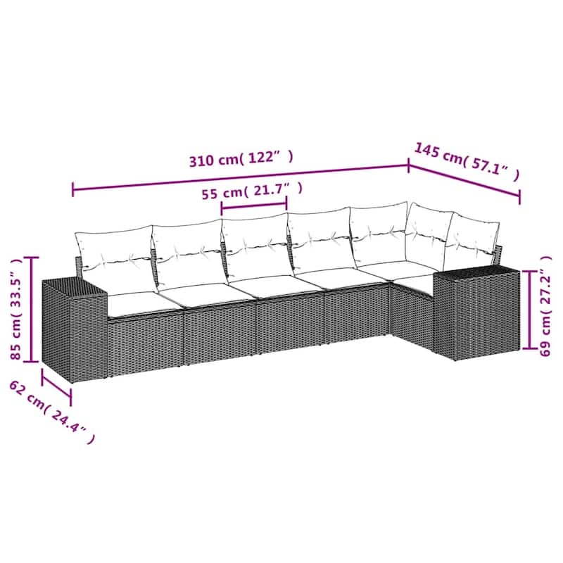 vidaXL 6 Piece Patio Sofa Set with Cushions Black Poly Rattan