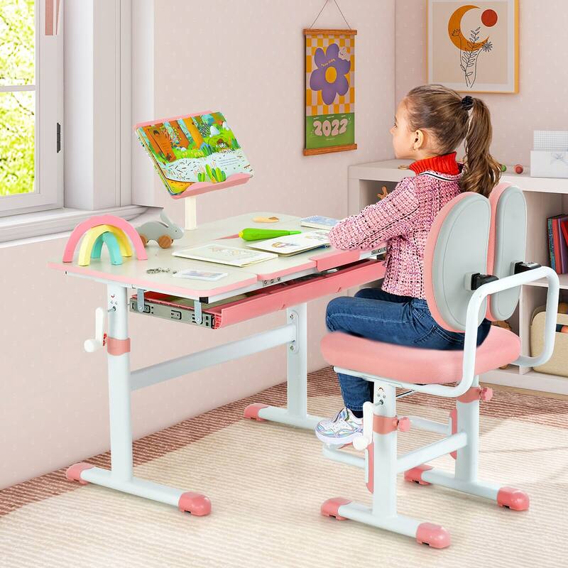 Gymax Kid's Study Desk & Chair Set Height Adjustable with Tilt Desktop