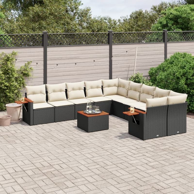 vidaXL Patio Sofa Set with Cushions Outdoor Conversation Furniture Poly Rattan - 24.4 x 33.5 x 27.2 in - Black and cream with table