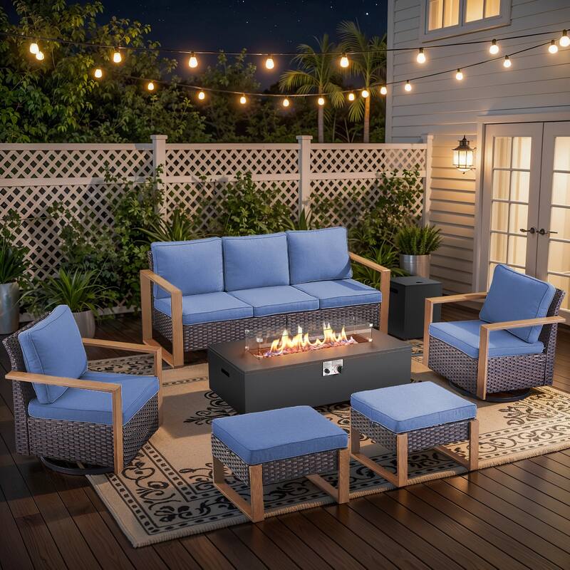 Pocassy 43 In Fire Pit w/ Outdoor Sofa Swivel Chair Ottoman Set - Brown Wicker Blue Cushion - 6PCS Fire Table w/ 4-In Sofa Swivel Chair Ottoman