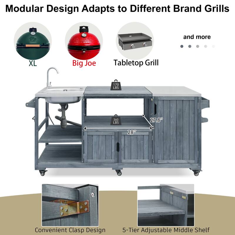 75" Outdoor Kitchen Island with Sink, Rolling Cart & Stainless Steel Top