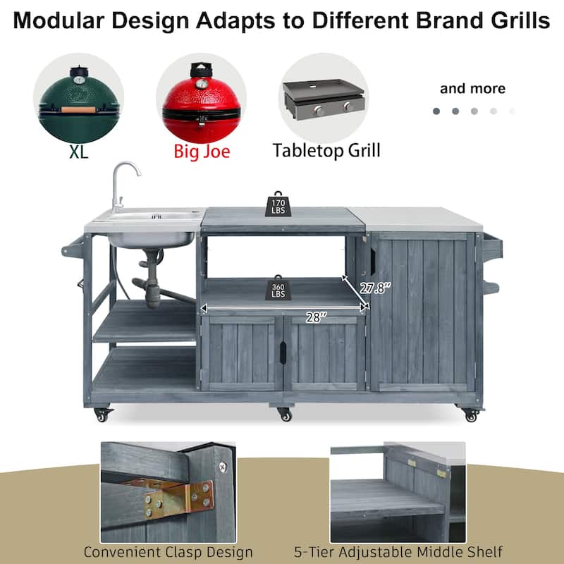 75.4"Outdoor Kitchen Island with Sink, Solid Wood Grill Cart for XL Green Egg Grills, Rolling Bar Cart with Stainless Steel Top