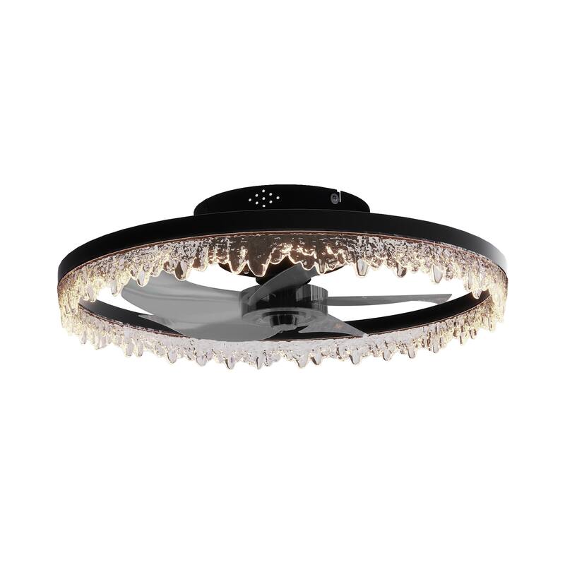 24"/20"/16" Crystal Ceiling Fan with Light, Flush Mount LED Chandelier Fan Round Ceiling Light for Bedroom Living Room