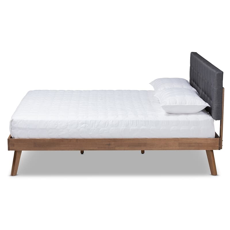 Devan Mid-Century Modern Fabric Upholstered Walnut Brown Finished Wood King Size Platform Bed
