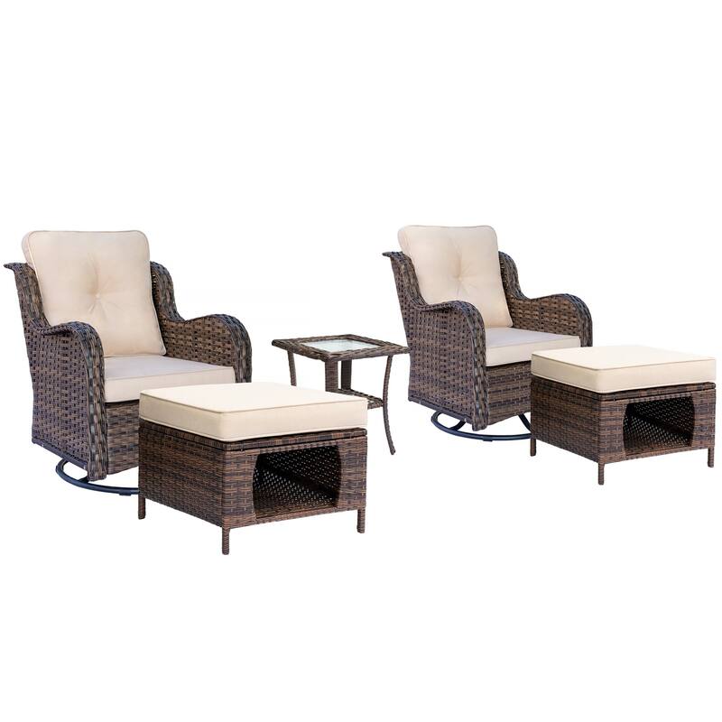 High Back Wicker 5 Piece Patio Set-Outdoor Swivel Chair with Ottoman