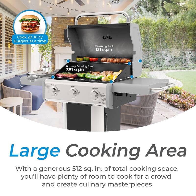Kenmore 3-Burner Propane Gas Grill with Foldable Side Shelves