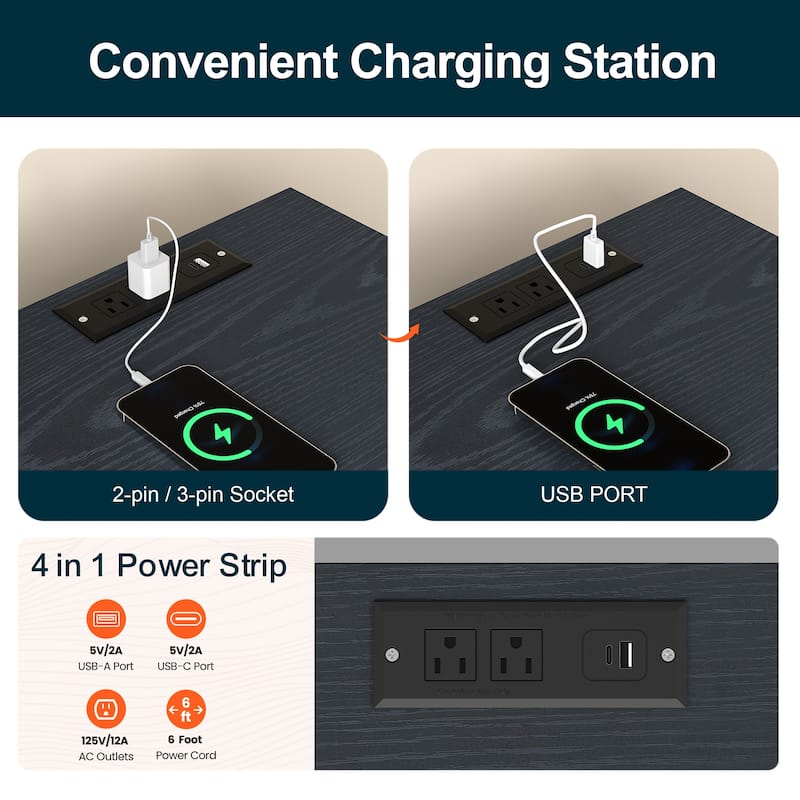 Nightstand Set of 2 with Charging Station and Solid Wood Legs