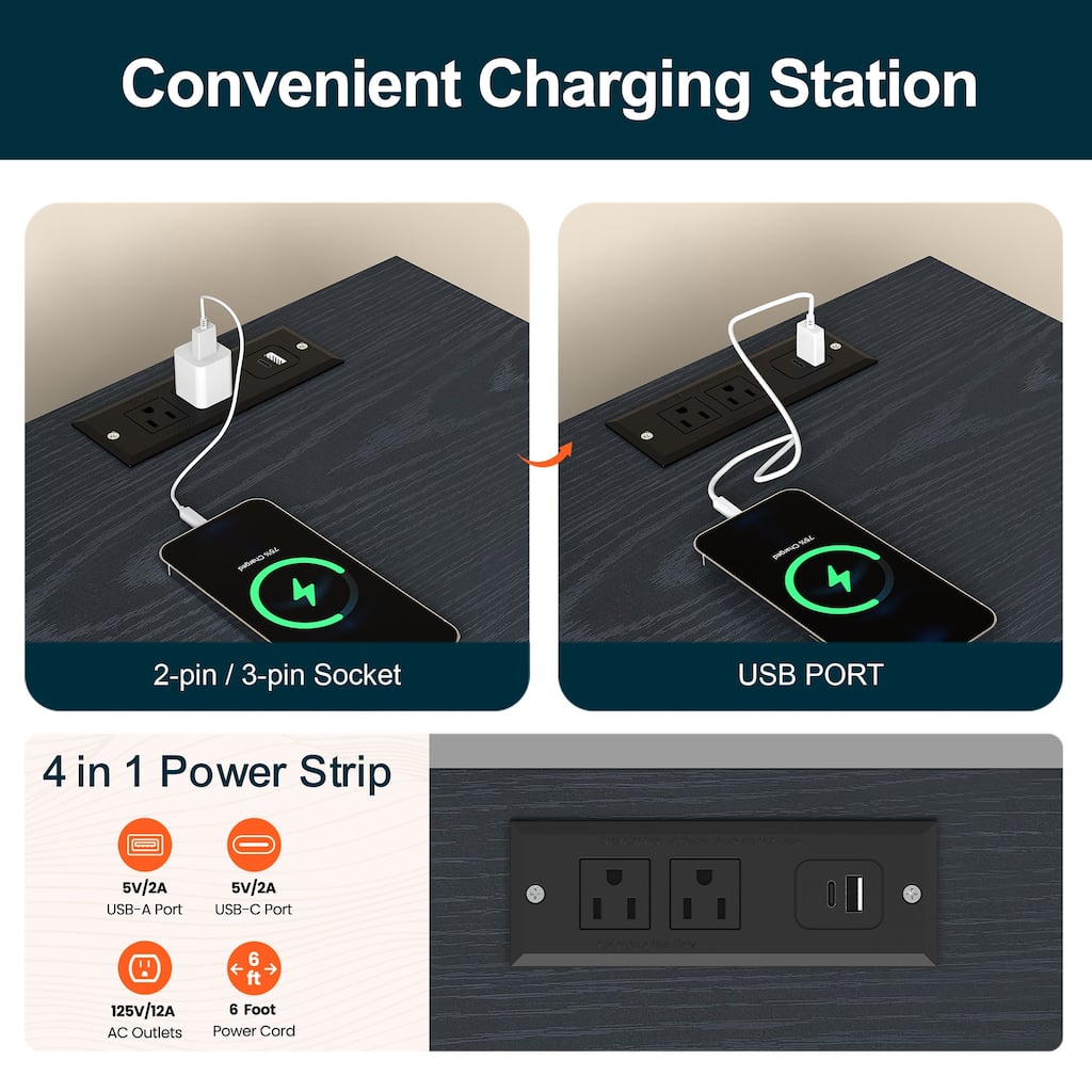 Nightstand with Charging Station and Solid Wood Legs