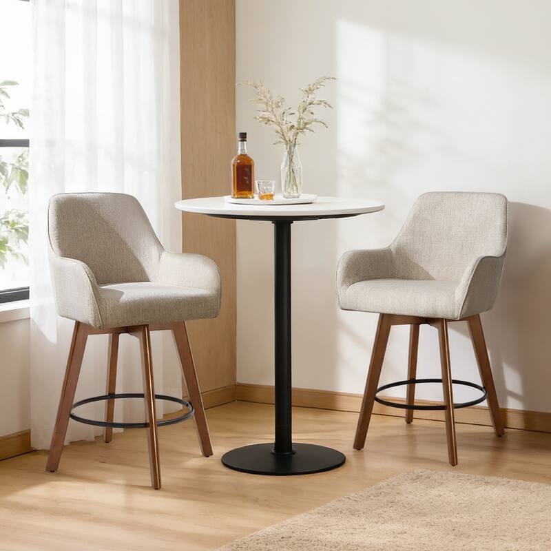 25 Inch Upholstered Swivel Counter Height Bar Stool with Armrests, Solid Wood Legs - 23.6"W x 22.4"D x 40.2"H