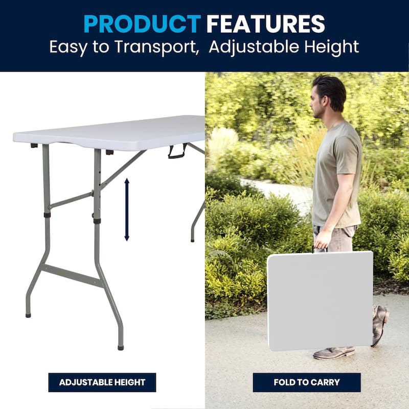30"W x 60"L Adjustable Bi-Fold Granite White Plastic Table with Carrying Handle