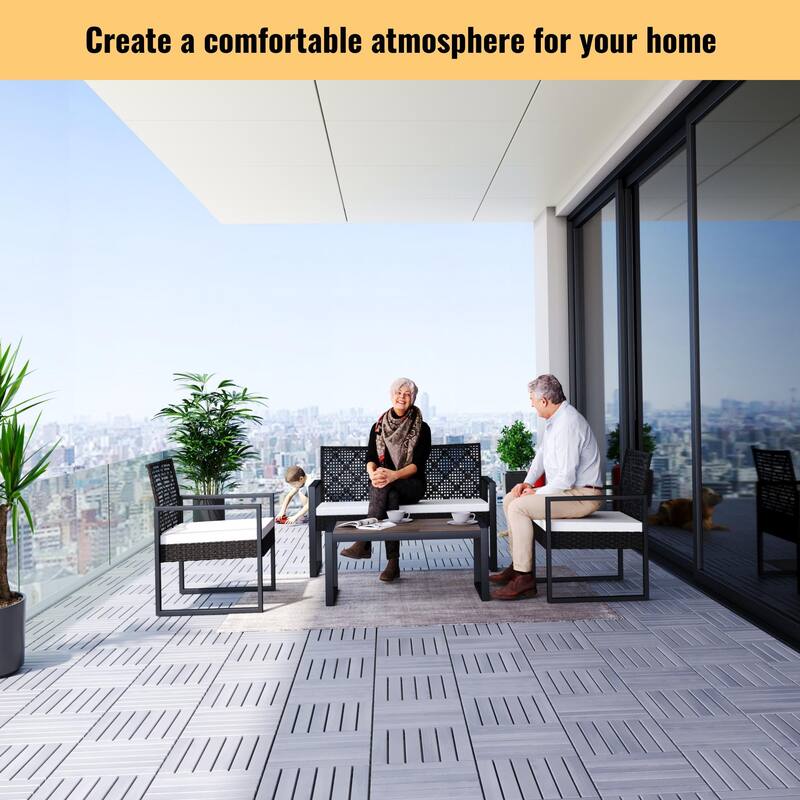 10 PCS Interlocking Deck Tiles Striped Pattern, 12" x 12" Square Light Gray Acacia Hardwood Outdoor Flooring