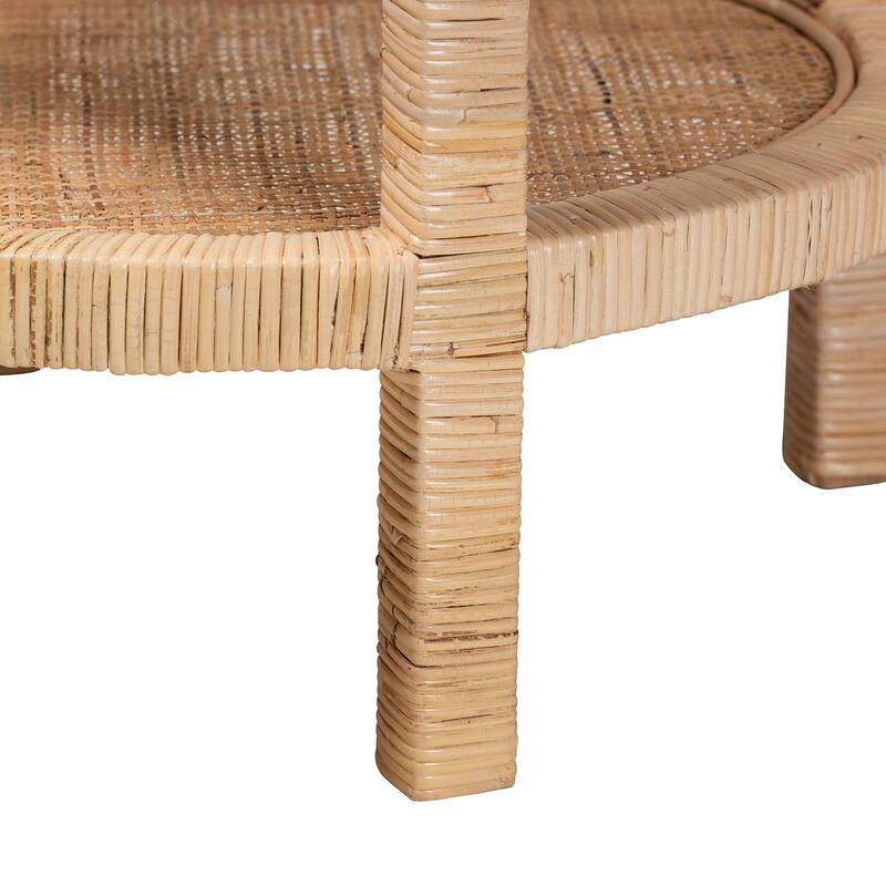 Bella Modern Bohemian Natural Brown Mahogany Wood and Natural Rattan 2-Tier End Table