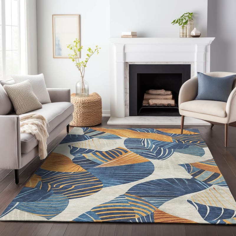 Machine Washable Indoor/Outdoor Coastal Palm Leave Chantille Rug