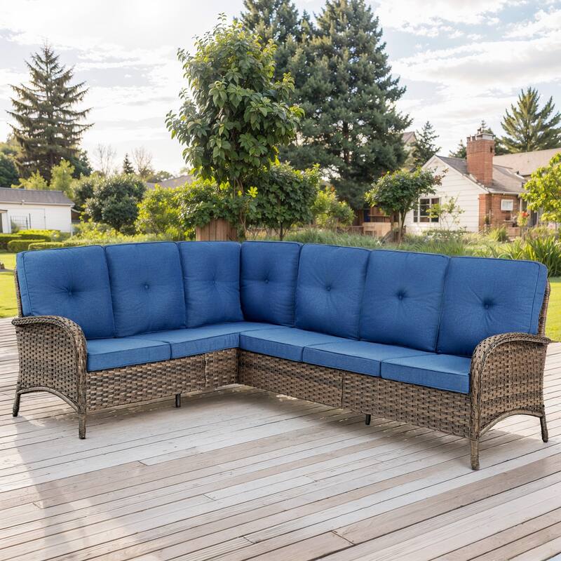 Outdoor Sectional Sofa Couch with Comfy Cushions Brown-Blue - Brown - Brown - Blue