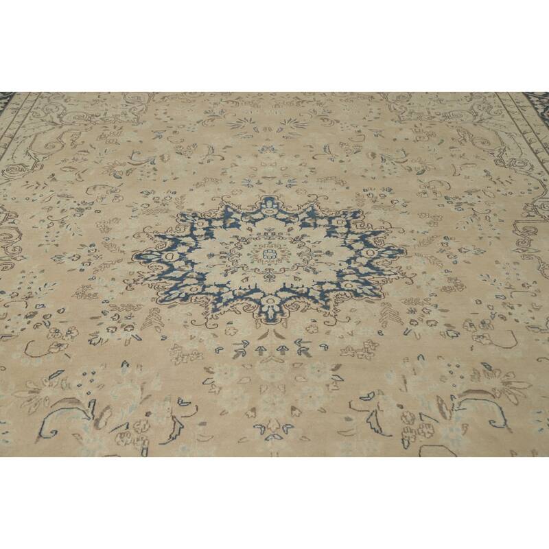Hand Knotted Oriental 100% Wool Carpet Traditional Floral Beige & Ivories Kerman Area Rug - 13' 4'' X 9' 9''