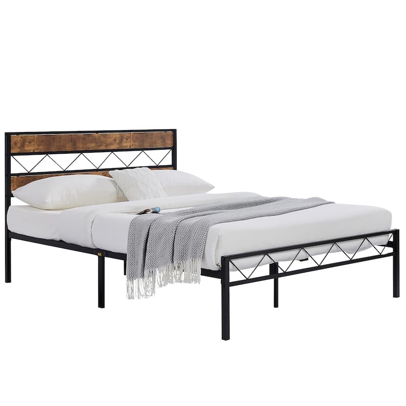 VECELO Vintage Metal Platform Bed Frame with Wood Headboard, Storage Bed, Noise-Free, No Box Spring Needed, Twin/Full/Queen Size