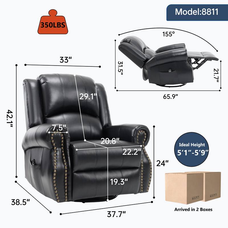 Roomfitters Swivel Rocker Recliner Chair with Heat and Massage Manual Reclining Fabric Lounge Sofa for Living Room, Black