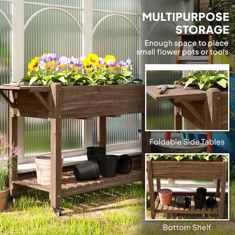Elevated Garden Bed with Lockable Wheels and Side Tables, Wood Raised Planter Box with Bottom Shelf and Drain Holes