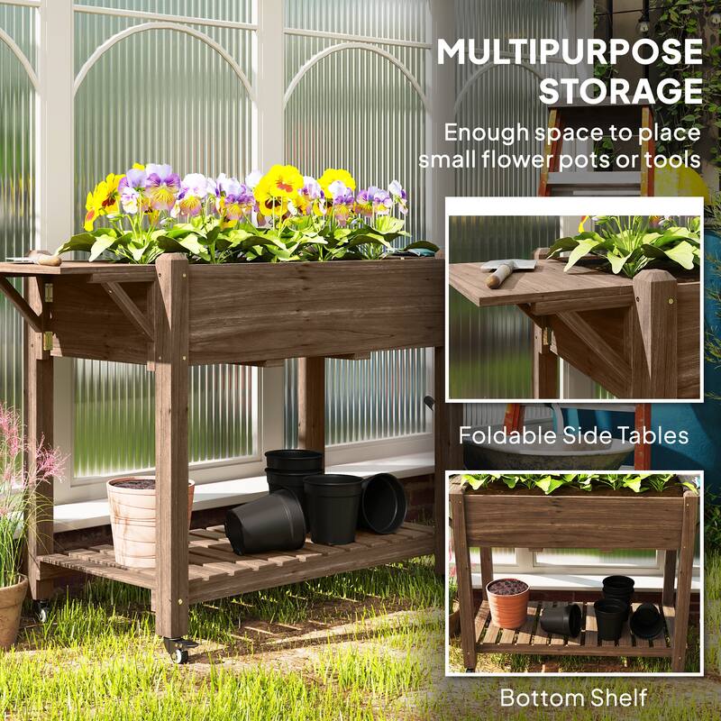 Raised Garden Bed with Storage Shelf and Foldable Ledges Fir Wood Planter for Indoor Outdoor Gardening