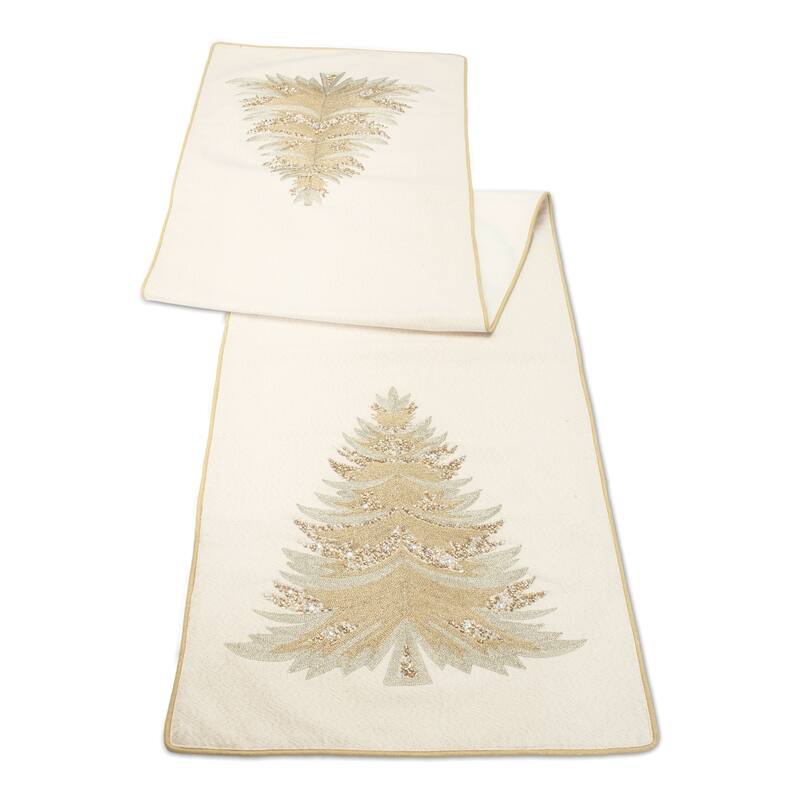 Embroidered Pine Tree Table Runner - 72" - Beige and Gold