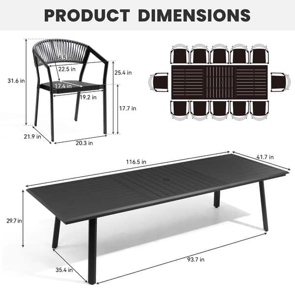 dimension image slide 4 of 7, 9/11/13-Piece Patio Dining Set Outdoor All-Weather Aluminum Dining Table and Woven Twist Wicker Stackable Chairs