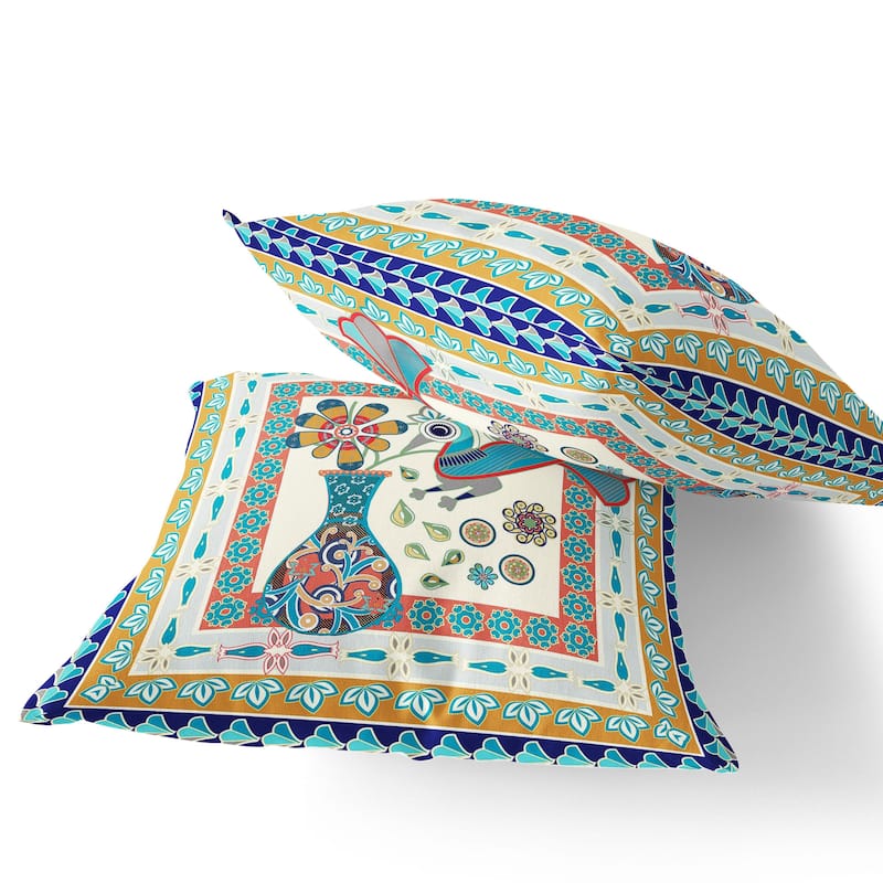 HomeRoots Set of Two 16" X 16" Blue and Gold Peacock Blown Seam Floral Indoor Outdoor Throw Pillow - 16.00' X '16.00' X '5.00