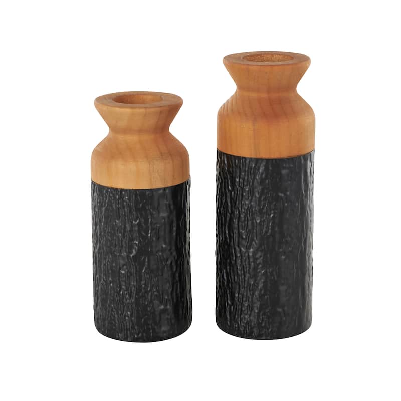 Metal Abstract Textured Color Block Decorative Vase with Brown Wood Tops - Set of 2 Black - Roche River Decor - 4"W x 4"L x 11"H