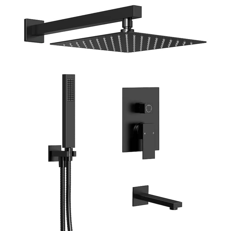 GRANDJOY 10" 3-in-1 Shower System with Rainfall Head, Handheld and Tub Spout, Pressure Balance Valve - Matte Black