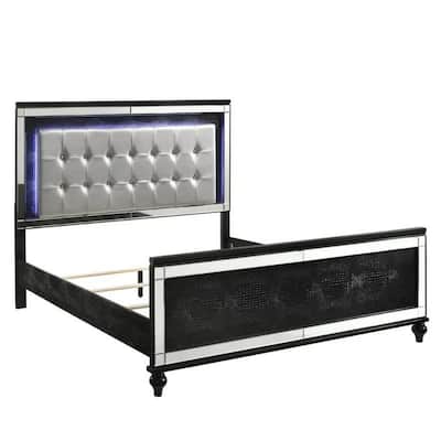 Lee Queen Size Bed, LED, Tufted Faux Leather Upholstery, Textured Black