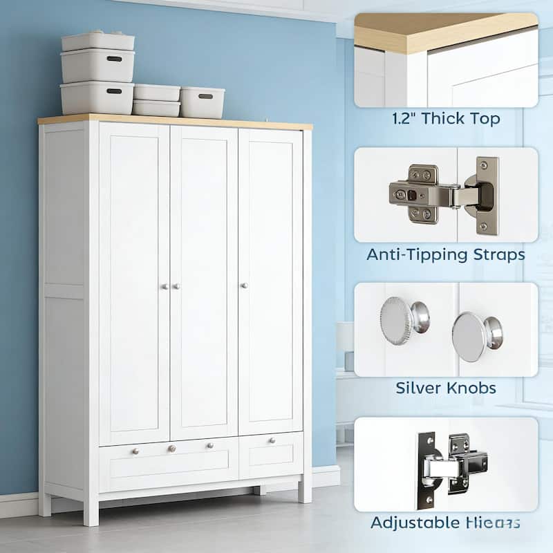 3 Doors Wardrobe Closet Folding and Hanging Areas Armoire