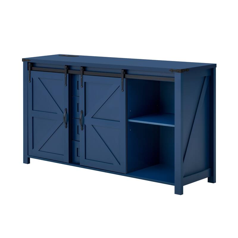 Wood Buffet Sideboard with Charging Station, Farmhouse Coffee Bar Cabinet with Sliding Barn Doors and 4 Drawers