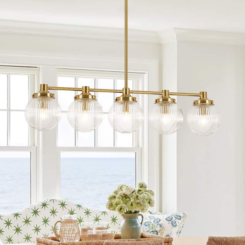 Mid-century 5-Light Striped Glass Linear Dining Chandelier - 34.3 in