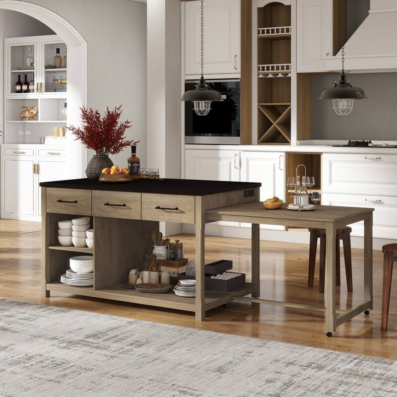 Extendable Kitchen Island with Storage, Multi-Functional Kitchen Cart with Built-In Power Outlets, Retro Kitchen Island