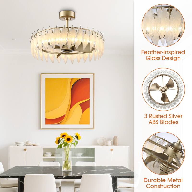 32" Rusted Silver Glass Feather 3-Blade Fandelier Caged Ceiling Fan with Light and Remote