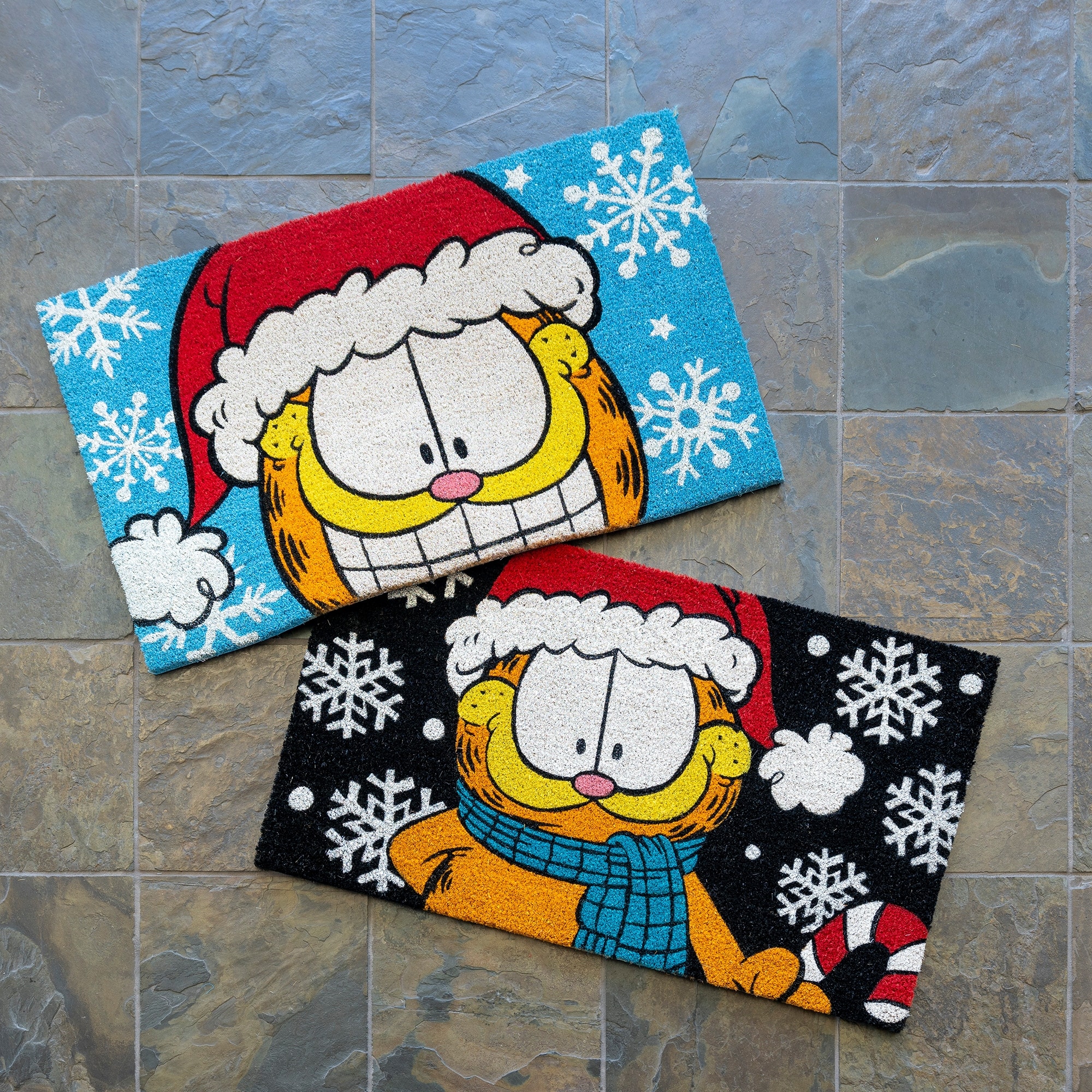 Licensed Paramount Garfield Santa Hat and Snowflakes Coir Door Mats, 2PK